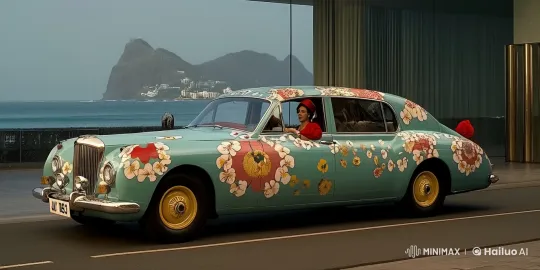 Vintage Car Drive with Floral Design by the Sea – AI Generated Video | Hailuo AI