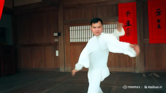 Asian Man Demonstrates Fluid Kung Fu Mastery in Dojo – AI Generated Video | Hailuo AI