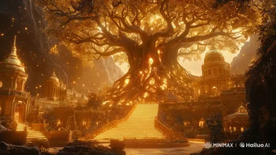 Enchanted Temple: A Mystical Golden Bioluminescent Wonderland – AI Generated Video | Hailuo AI