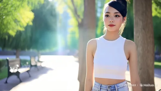 Young Woman Enjoying a Serene Park Stroll – AI Generated Video | Hailuo AI