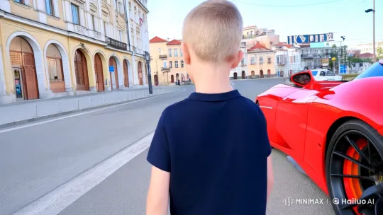 Boy Drives Red Sports Car Through Kyiv's Streets – AI Generated Video | Hailuo AI