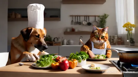 Surreal Culinary Scene: Dog and Cat as Chefs – AI Generated Video | Hailuo AI