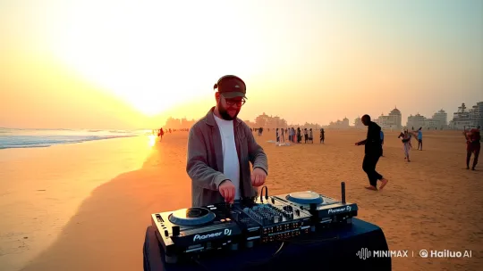 Bearded DJ on Indian Beach: Psytrance, Serenity, and Ecstasy – AI Generated Video | Hailuo AI
