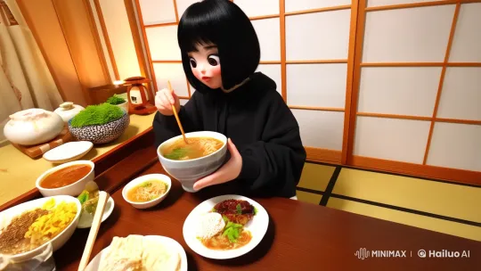 Japanese Woman Enjoying Ramen in Cozy Home Setting – AI Generated Video | Hailuo AI