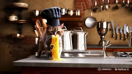 Cat Chef Twirls Spaghetti in Surreal Kitchen Scene – AI Generated Video | Hailuo AI