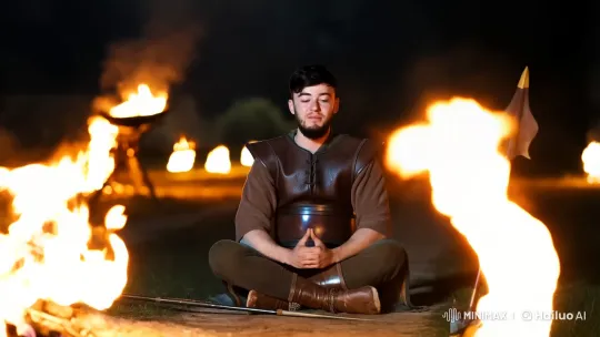Warrior Meditates Before Battle Amidst Bonfires – AI Generated Video | Hailuo AI