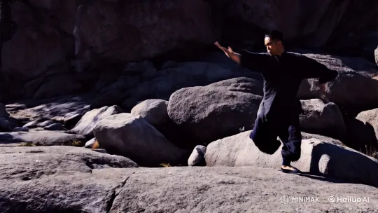 Martial Artist Showcases Kungfu Grace in Rocky Terrain – AI Generated Video | Hailuo AI