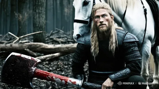 Viking Warrior Examines Axe Amidst Battle Remnants – AI Generated Video | Hailuo AI
