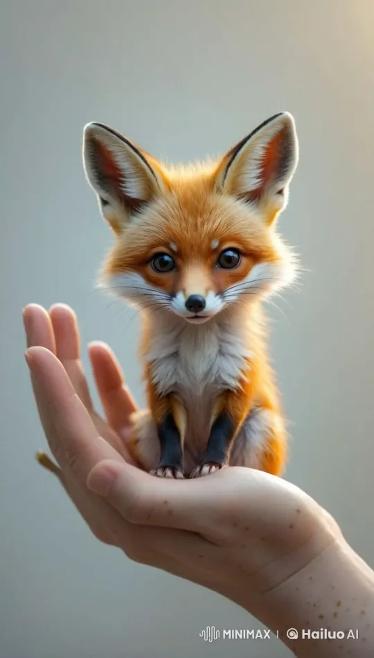 Tiny Fox Curiously Blinks in Human's Hand – AI Generated Video | Hailuo AI