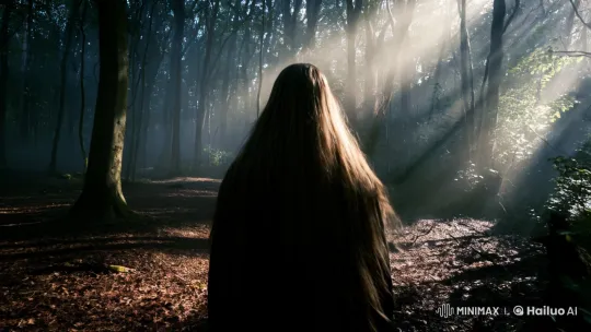 Misty Forest: Shimmering Hair Captured in Sunlight – AI Generated Video | Hailuo AI
