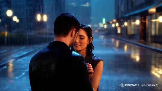 Romantic Encounter Captured in Rainy Urban Elegance – AI Generated Video | Hailuo AI