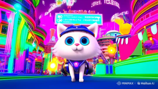 Anthropomorphic Cat Pilot Enters Futuristic Techno-Metropolis Market – AI Generated Video | Hailuo AI