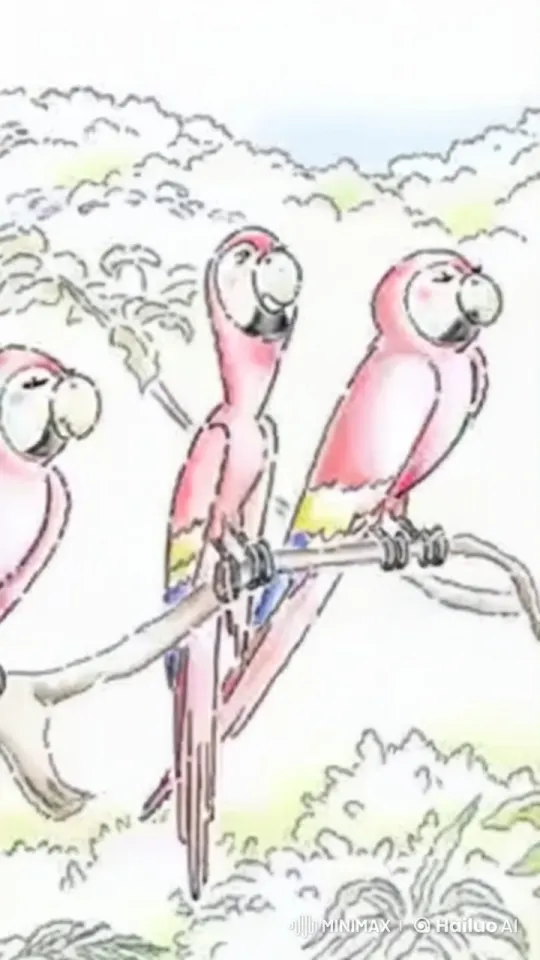 Vintage-Style Cartoon Parrots Reflect in Jungle Setting – AI Generated Video | Hailuo AI