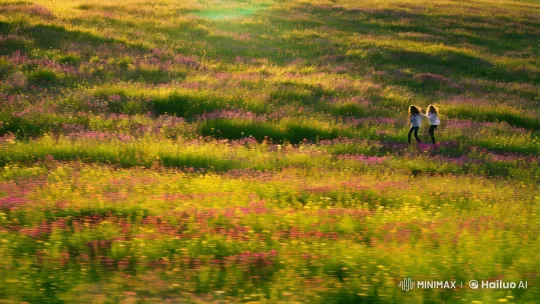 Joyful figures dance through sunlit meadow – AI Generated Video | Hailuo AI