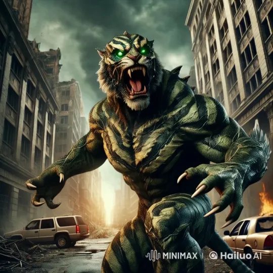 Apocalyptic City: Ferocious Tiger-Man Hybrid Advances Amidst Chaos – AI Generated Video | Hailuo AI