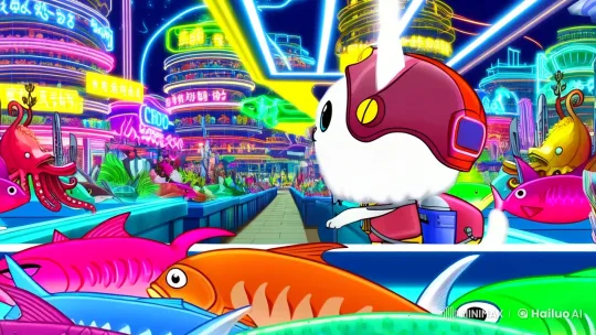 Anthropomorphic Cat Adventurer in Neon Fish Market – AI Generated Video | Hailuo AI