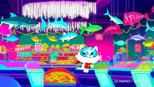 Anthropomorphic Cat Pilot Explores Neon Fish Market – AI Generated Video | Hailuo AI