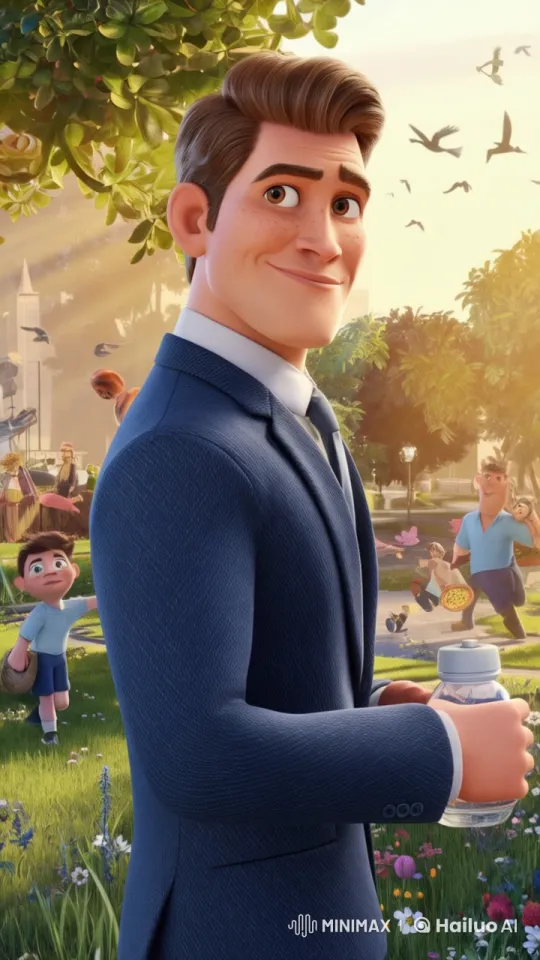 Animated Park Scene with Blue-Suited Man Talking – AI Generated Video | Hailuo AI