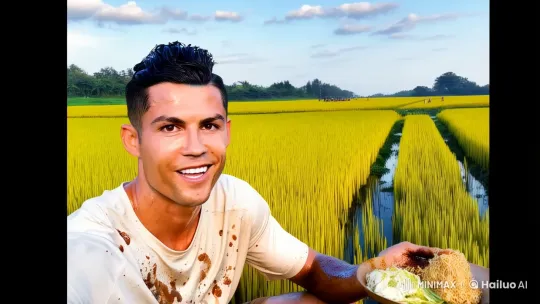 Cristiano Ronaldo Lookalike Enjoying Meal in Rice Field – AI Generated Video | Hailuo AI