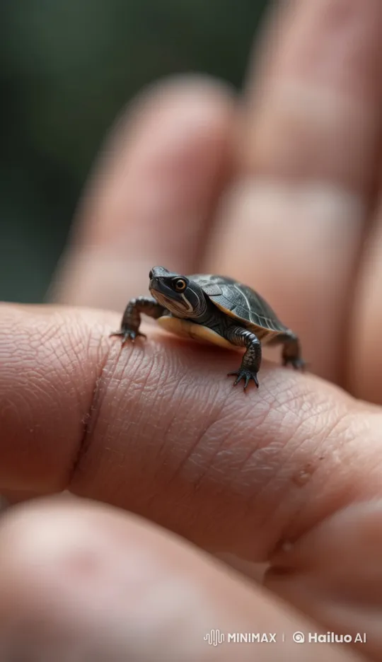 Tiny Turtle Cautiously Crosses Human Hand – AI Generated Video | Hailuo AI