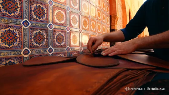 Moroccan Leather Artisan Showcases Craftsmanship Amidst Fassi Zellij Tiles – AI Generated Video | Hailuo AI