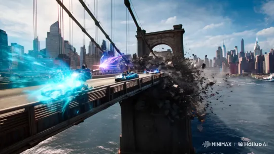 Magical Car Chase with Bridge Collapse in Futuristic NYC – AI Generated Video | Hailuo AI