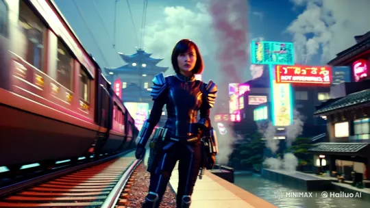 Cyberpunk Ninja Girl Confronts Danger in Edo Hot Springs – AI Generated Video | Hailuo AI