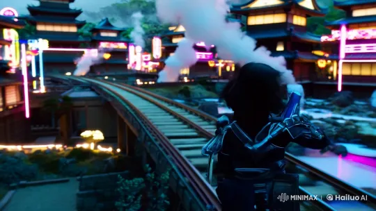 Cyberpunk Ninja Girl in Futuristic Hot Spring Kingdom – AI Generated Video | Hailuo AI