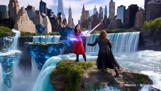 Magical Duel on Transforming Waterfall in Mystic NYC – AI Generated Video | Hailuo AI