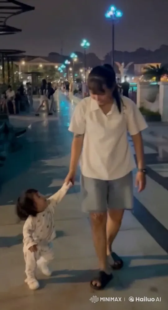 Nighttime Street Kungfu: Adult and Child Perform Together – AI Generated Video | Hailuo AI