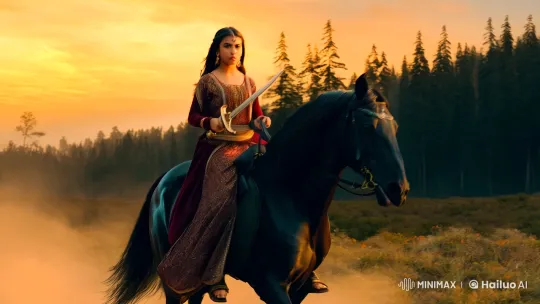 Arabian Girl on Horseback with Sword, Heading into Mystery Forest – AI Generated Video | Hailuo AI