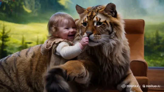 Innocent Toddler Bonds with Majestic Feline in Magical Setting – AI Generated Video | Hailuo AI