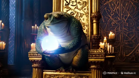 Evil Frog King Monitors Crystal Ball in Opulent Chamber – AI Generated Video | Hailuo AI