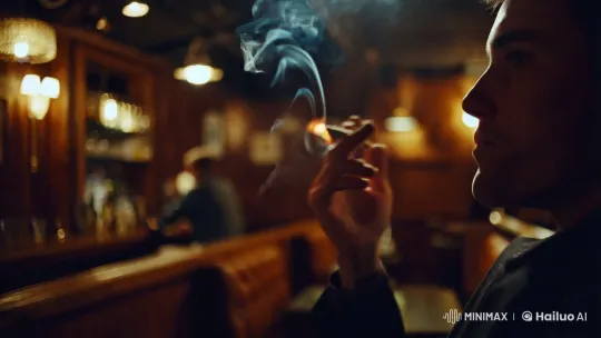 Intimate Bar Setting: Solitary Smoker Captured in Slow Motion – AI Generated Video | Hailuo AI