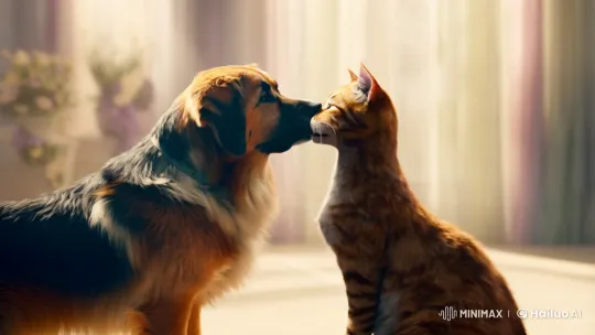Intimate Dog-Cat Kiss Captured in Ethereal Lighting – AI Generated Video | Hailuo AI