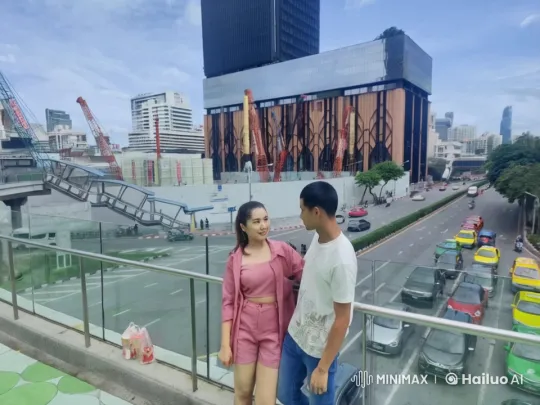 Couple Fights on Bridge with Urban Cityscape Background – AI Generated Video | Hailuo AI