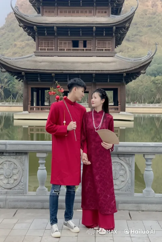 Traditional Vietnamese Couple Perform Martial Arts in Ancient Pagoda Setting – AI Generated Video | Hailuo AI