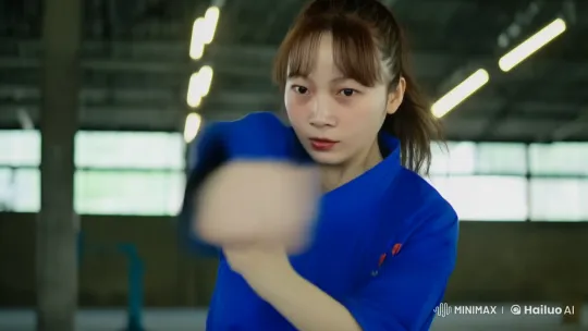 Young Woman in Blue Shirt Fights in Warehouse – AI Generated Video | Hailuo AI