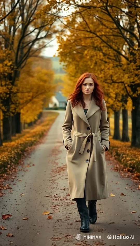 Red-haired Woman Strolls Through Autumn Countryside – AI Generated Video | Hailuo AI
