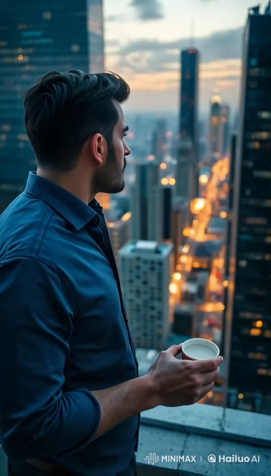 Contemplative Man Observes Twilight Cityscape – AI Generated Video | Hailuo AI