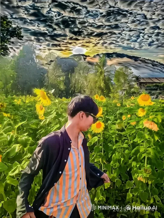 Serene Sunset: Striped Shirt in Sunflower Field – AI Generated Video | Hailuo AI