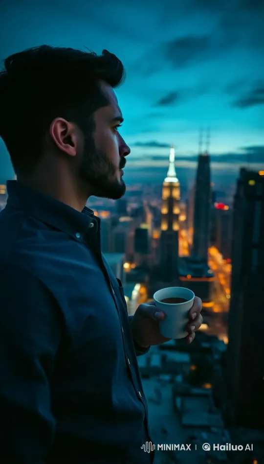 Man Sips Coffee on Balcony Overlooking Nighttime Cityscape – AI Generated Video | Hailuo AI