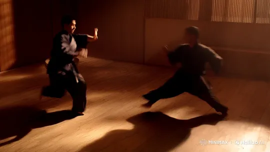 Dynamic Martial Arts Exchange in a Dimly Lit Dojo – AI Generated Video | Hailuo AI
