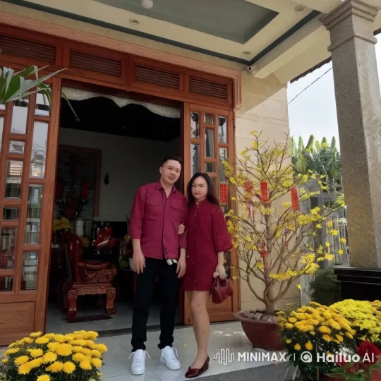 Couple in Red Perform Graceful Kung Fu in Front of Elegant House – AI Generated Video | Hailuo AI