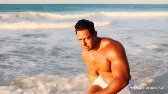 Muscular Man Emerges from Ocean in Cinematic Scene – AI Generated Video | Hailuo AI