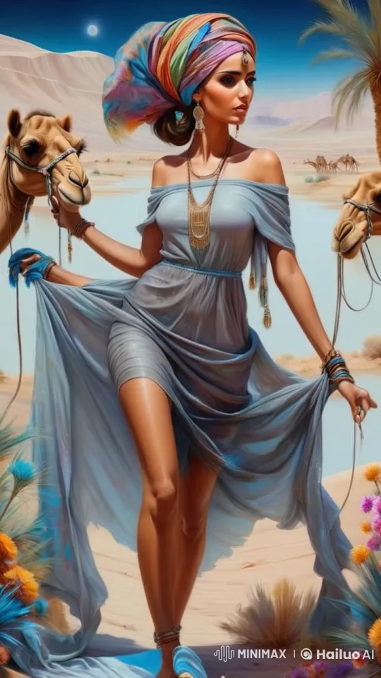 Desert Serenity: Woman with Camels in Vibrant Landscape – AI Generated Video | Hailuo AI