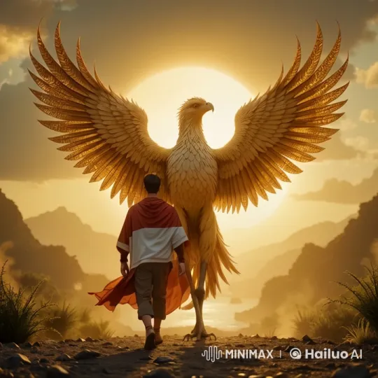 Young Man Meets Majestic Phoenix at Sunset – AI Generated Video | Hailuo AI