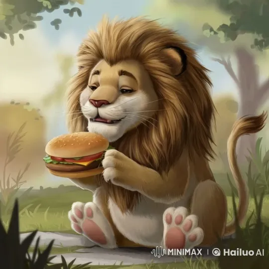 Golden Mane Lion Enjoying Hamburger in Tranquil Nature – AI Generated Video | Hailuo AI