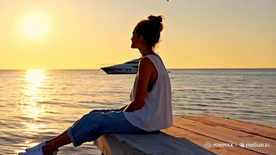 Contemplative Young Woman on Tranquil Dock at Sunset – AI Generated Video | Hailuo AI