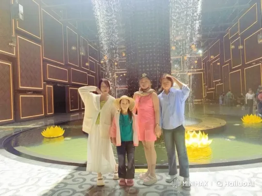 Family Performs Kung Fu in Front of Decorated Fountain – AI Generated Video | Hailuo AI